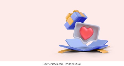 Heart flies out of the gift box in 3D cartoon style. Vector illustration