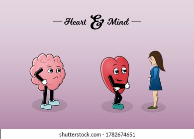 Heart is flirting with a girl while mind look suspiciously at them. Vector simple illustration