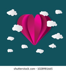 Heart floating on the clouds with paper cut styles vector
