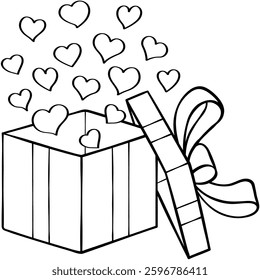 heart floating out of gift box with bow represents surprise for lover line outline doodle hand drawn. Human-made. Not generated by AI.