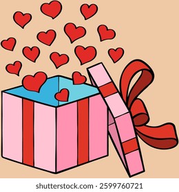 heart floating out of gift box with bow represents surprise for lover filled outline doodle hand drawn cartoon. Human-made. Not generated by AI.
