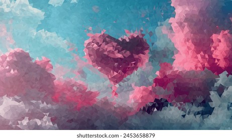 A heart is floating in the sky above a cloudy backdrop. The heart is surrounded by a pink and blue gradient, giving the image a dreamy, romantic feel