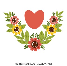 Heart with floral decoration, flowers and green leaves. Flower arrangement bouquet. Festive botanical decor. love and nature beauty. Vector illustration flat style