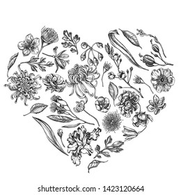 Heart floral design with black and white japanese chrysanthemum, blackberry lily, eucalyptus flower, anemone, iris japonica, sakura