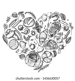 Heart floral design with black and white garlic, cherry tomatoes, peas, fish, shrimp, cabbage, beef, buns and bread, croissants and bread, basil, rosemary