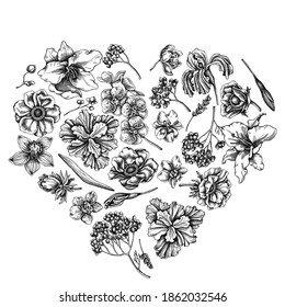 Heart floral design with black and white anemone, lavender, rosemary everlasting, phalaenopsis, lily, iris