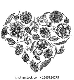 Heart floral design with black and white poppy flower, gerbera, sunflower, milkweed, dahlia, veronica