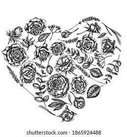 Heart floral design with black and white roses, anemone, eucalyptus, lavender, peony, viburnum