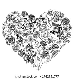 Heart floral design with black and white shepherd s purse, heather, iris japonica, sakura, gypsophila, chamomile, almond, poppy flower, calendula, blue morpho, lemon butterfly, red lacewing, great