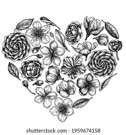 Heart floral design with black and white hibiscus, plum flowers, peach flowers, sakura flowers, magnolia flowers, camellia japonica