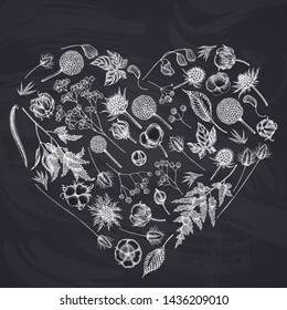 Heart floral design with chalk astilbe, craspedia, blue eryngo, lagurus, cotton, gypsophila