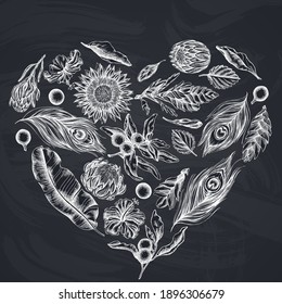 Heart floral design with chalk banana palm leaves, hibiscus, solanum, bromeliad, peacock feathers, protea