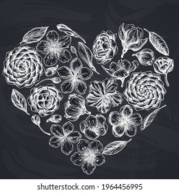 Heart floral design with chalk hibiscus, plum flowers, peach flowers, sakura flowers, magnolia flowers, camellia japonica