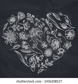 Heart floral design with chalk japanese chrysanthemum, blackberry lily, eucalyptus flower, anemone, iris japonica, sakura