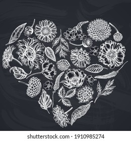 Heart floral design with chalk poppy flower, gerbera, sunflower, milkweed, dahlia, veronica