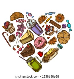 Heart floral design with colored cinnamon, macaron, lollipop, bar, candies, oranges, buns and bread, croissants and bread, strawberry, milk boxes, smoothie cup, lollipop, smothie jars, cheesecake