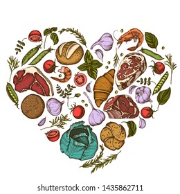 Heart floral design with colored garlic, cherry tomatoes, peas, fish, shrimp, cabbage, beef, buns and bread, croissants and bread, basil, rosemary