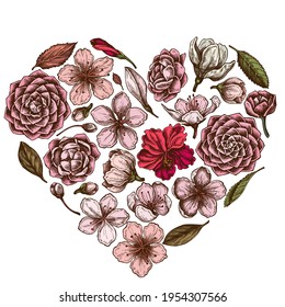 Heart floral design with colored hibiscus, plum flowers, peach flowers, sakura flowers, magnolia flowers, camellia japonica