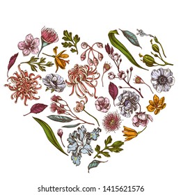 Heart floral design with colored japanese chrysanthemum, blackberry lily, eucalyptus flower, anemone, iris japonica, sakura