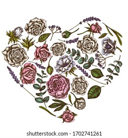 Heart floral design with colored roses, anemone, eucalyptus, lavender, peony, viburnum