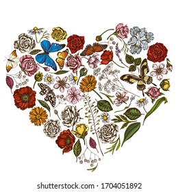 Heart floral design with colored shepherd's purse, heather, iris japonica, sakura, gypsophila, chamomile, almond, poppy flower, calendula, blue morpho, lemon butterfly, red lacewing, great orange-tip