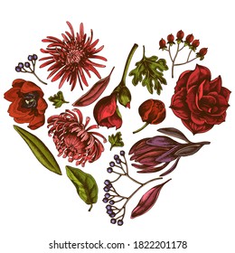 Heart floral design with colored viburnum, hypericum, tulip, aster, leucadendron, amaryllis