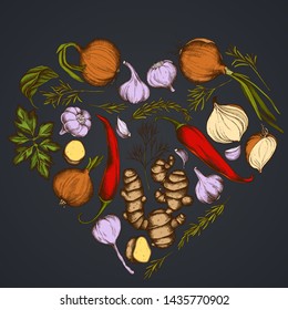 Heart floral design on dark background with onion, garlic, pepper, greenery, ginger, basil, rosemary