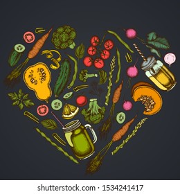 Heart floral design on dark background with lemons, broccoli, radish, green beans, cherry tomatoes, beet, greenery, carrot, basil, pumpkin, smoothie cup, smothie jars, cucumber, celery