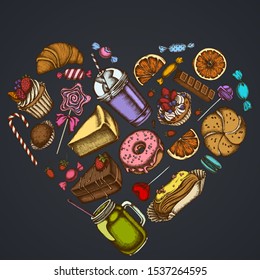 Heart floral design on dark background with cinnamon, macaron, lollipop, bar, candies, oranges, buns and bread, croissants and bread, strawberry, milk boxes, smoothie cup, lollipop, smothie jars