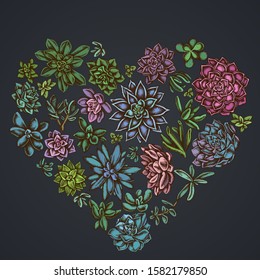 Heart floral design on dark background with succulent echeveria, succulent echeveria, succulent