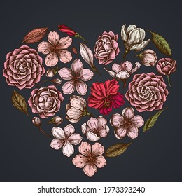 Heart floral design on dark background with hibiscus, plum flowers, peach flowers, sakura flowers, magnolia flowers, camellia japonica