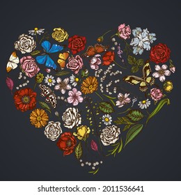 Heart floral design on dark background with shepherd s purse, heather, iris japonica, sakura, gypsophila, chamomile, almond, poppy flower, calendula, blue morpho, lemon butterfly, red lacewing, great