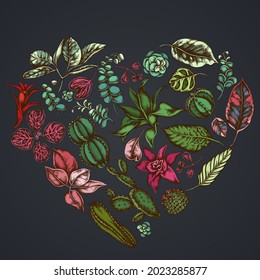 Heart floral design on dark background with ficus, iresine, kalanchoe, calathea, guzmania, cactus