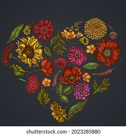 Heart floral design on dark background with poppy flower, gerbera, sunflower, milkweed, dahlia, veronica