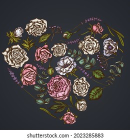 Heart floral design on dark background with roses, anemone, eucalyptus, lavender, peony, viburnum