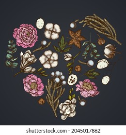 Heart floral design on dark background with ficus, eucalyptus, peony, cotton, freesia, brunia