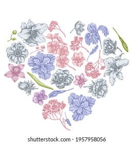 Heart floral design with pastel anemone, lavender, rosemary everlasting, phalaenopsis, lily, iris