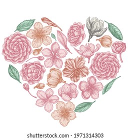 Heart floral design with pastel hibiscus, plum flowers, peach flowers, sakura flowers, magnolia flowers, camellia japonica