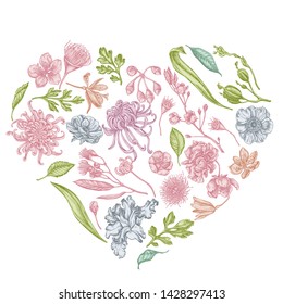 Heart floral design with pastel japanese chrysanthemum, blackberry lily, eucalyptus flower, anemone, iris japonica, sakura