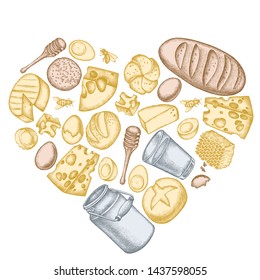 Heart floral design with pastel milk, cheese, chicken, eggs, buns and bread, honey