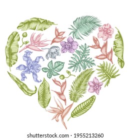 Heart floral design with pastel monstera, banana palm leaves, strelitzia, heliconia, tropical palm leaves, orchid