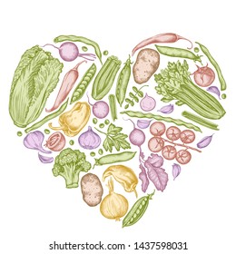Heart floral design with pastel onion, garlic, pepper, broccoli, radish, green beans, potatoes, cherry tomatoes, peas, celery, beet, greenery, chinese cabbage, cabbage, carrot
