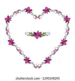 Heart of floral elements. Valentine's day, holiday card flyer, frame for wedding greetings, Declaration of love, invitation, celebration. Illustration of pink, green. Easy to use for design. eps10