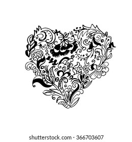 Heart with floral elements. Wedding card. Ink illustration. Hand drawn design elements. Romantic banner. Isolated on white background. 