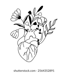 Heart and Floral Fusion Vector, Black and White Botanical Boutique with Blooming Flowers and Leafy Branches