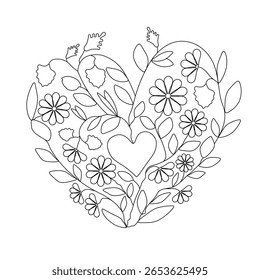 Padrão de bordado de mão floral do coração, Design de flores e folhas românticas, Design de bordado de mão para arte moderna DIY Hoop, página de coloração