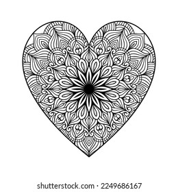 Heart with floral mandala pattern, heart shaped mandala floral pattern for coloring book, hand drawn heart floral mandala doodle, heart mandala coloring page for adult
