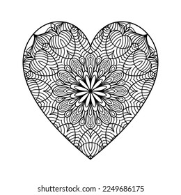 Heart with floral mandala pattern, heart shaped mandala floral pattern for coloring book, hand drawn heart floral mandala doodle, heart mandala coloring page for adult