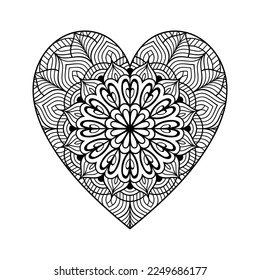 Corazón con un patrón de mandala floral, mandala en forma de corazón con un patrón floral para el libro de colorear, doodle de mandala floral de corazón dibujado a mano, página de coloreado de mandala cardíaca para adultos