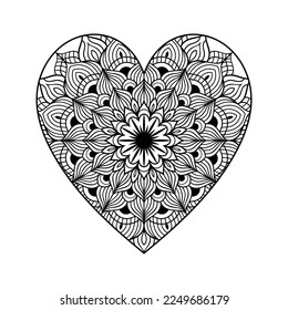Heart with floral mandala pattern, heart shaped mandala floral pattern for coloring book, hand drawn heart floral mandala doodle, heart mandala coloring page for adult
